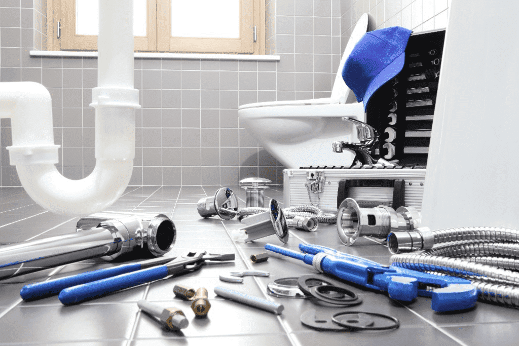 plumber's tools on bathroom floor