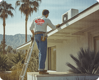 AC repair guy in La Quinta fixing the rooftop unit at someone's home. Wearing the Trust the Originals KC's 23 1/2 Hour Logo on their shirt.