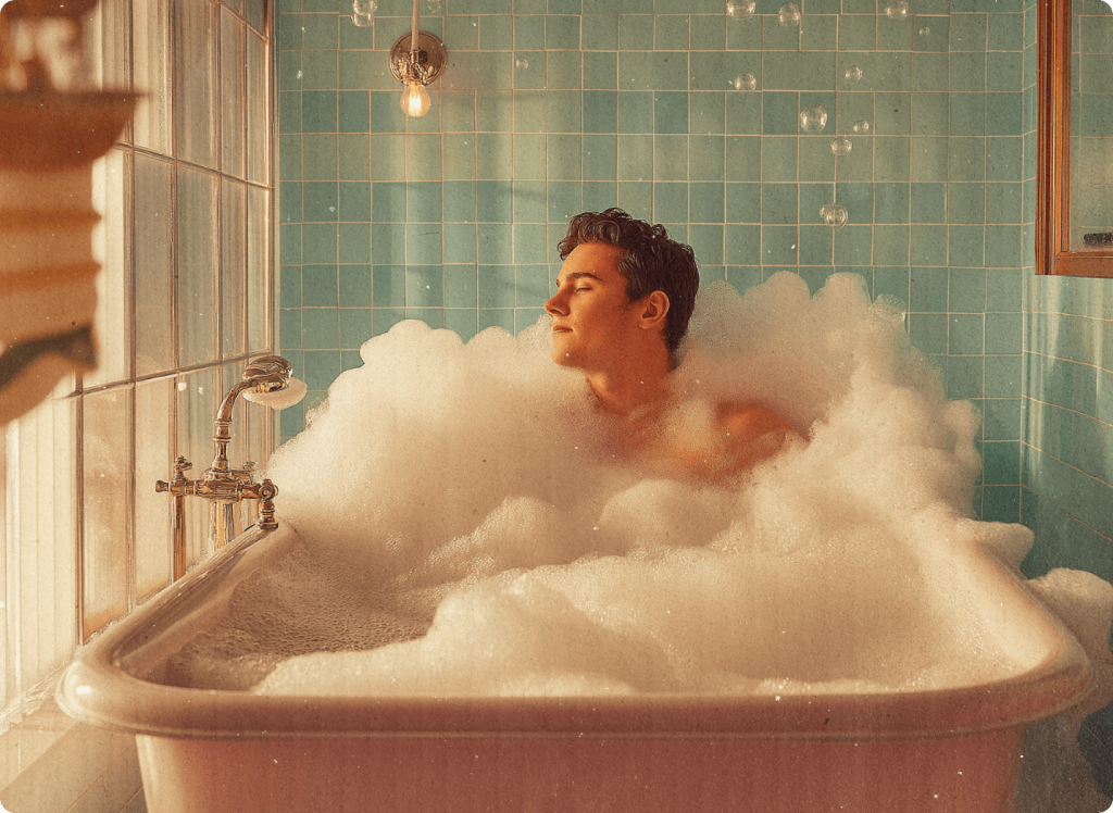 Indio man enjoying a bath in his newly installed, custom fitted bath tub that KC's 23 1/2 Hour Plumbing & HVAC installed.