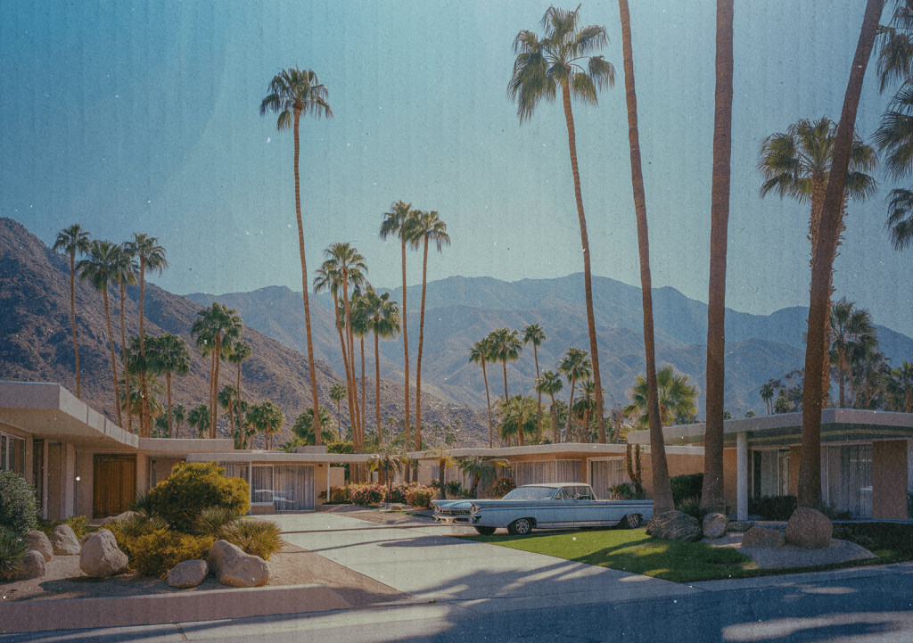 photo of palm desert home, coral pink with palm trees in the yard. Set in front of mountains.