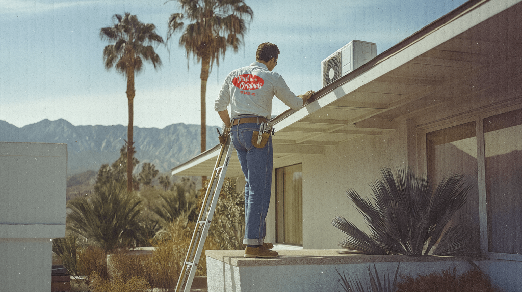 AC repair guy in Palm Desert fixing the rooftop unit at someone's home. Wearing the Trust the Originals KC's 23 1/2 Hour Logo on their shirt.