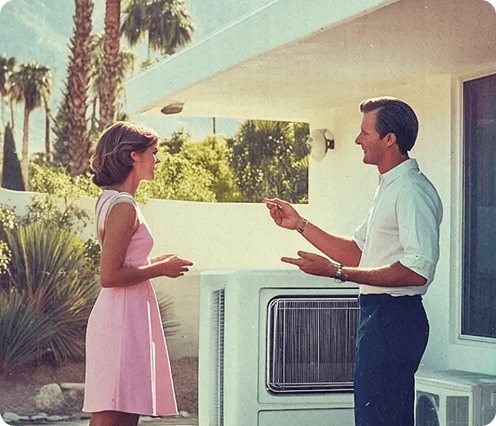 AC repair guy from KC's 23 1/2 Hour Plumbing & HVAC meeting with Palm Spring homeowner to go over their diagnostics.